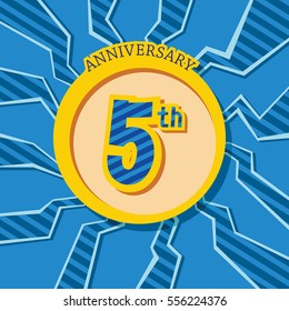 blue crack background and yellow circle 5th anniversary flat design vector for kids birthday, shop, business, and various event