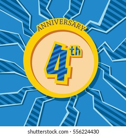 blue crack background and yellow circle 4th anniversary flat design vector for kids birthday, shop, business, and various event