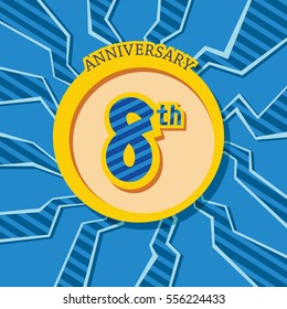 blue crack background and yellow circle 8th anniversary flat design vector for kids birthday, shop, business, and various event