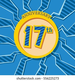 blue crack background and yellow circle 17th anniversary flat design vector for kids birthday, shop, business, and various event