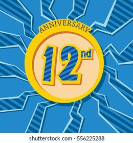 blue crack background and yellow circle 12nd anniversary flat design vector for kids birthday, shop, business, and various event