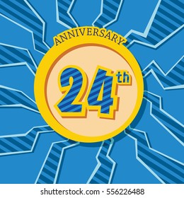blue crack background and yellow circle 24th anniversary flat design vector for kids birthday, shop, business, and various event