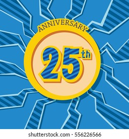blue crack background and yellow circle 25th anniversary flat design vector for kids birthday, shop, business, and various event