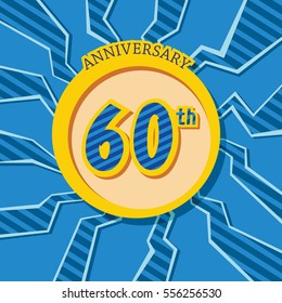 blue crack background and yellow circle 60th anniversary flat design vector for kids birthday, shop, business, and various event