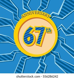 blue crack background and yellow circle 67th anniversary flat design vector for kids birthday, shop, business, and various event