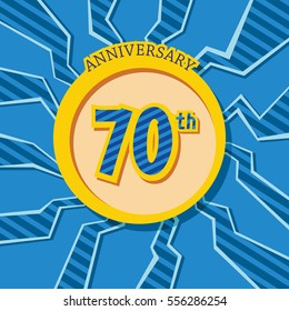 blue crack background and yellow circle 70th anniversary flat design vector for kids birthday, shop, business, and various event