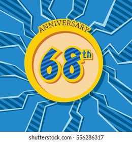 blue crack background and yellow circle 68th anniversary flat design vector for kids birthday, shop, business, and various event
