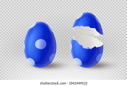 Blaues geknacktes Ei einzeln auf kariertem Hintergrund. Realistische Eierschalen. Vektorgrafik mit 3D-Dekorationsobjekt für Osterdesign.