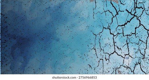 Blue Cracked Paint Abstract Texture Background With Grunge Peeling Surface and Ink Splatter