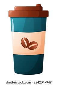 Blue craft cup with coffee. Coffee to go. Design element