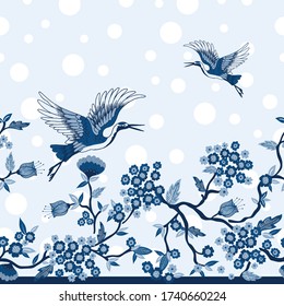 Aves de la grúa azul y ramas de árbol vectores de borde horizontal sin problemas
