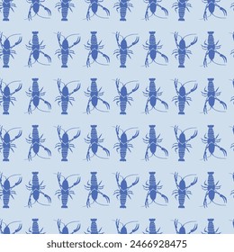 Blue Crayfish in Rows on Fresh Pale Blue Waters seamless pattern print background