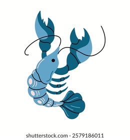 Blue crayfish with segmented tail and big claws flat color vector character. Rare delicacy in gourmet cuisine illustration on white background