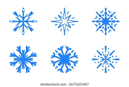 Blue crayon drawing snowflake collection isolated on transparent background. Hand drawn snowflakes and star icon set. Vector snowflake sketch doodle design element for Christmas border, frame, banner