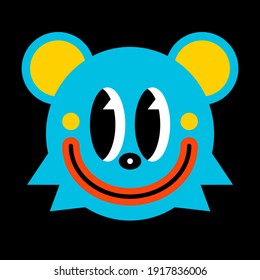 Blue crazy bear, face with smile. Abstract funny cute comic character. Color vector trendy illustration isolated on a black background. Cartoon style, flat design. For prints, logo, stories, card.