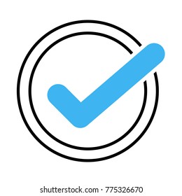 Blue Crazy Tick In Black Circle. Flat OK Sticker Icon. Isolated On White. Accept Button.Vector Illustration. Check Icon