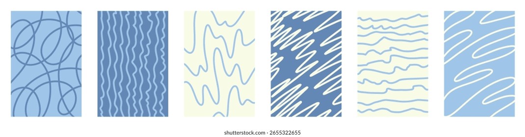 Blue and cream abstract vector patterns. Childish hand drawn squiggle maze lines, organic flowing curves, retro graphic doodle elements. Creative wavy sketchy backgrounds. Transparent vector.