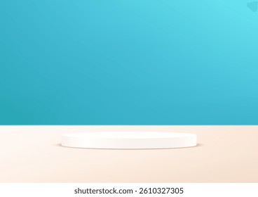 Blue and cream background vector 3d with white podium. 3D abstract studio room with pedestal podium. Space for selling products on the website. Vector illustration.