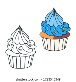 Blaucreme-Kuchen. Doodle-Illustrationen (farbig und schwarz-weiß) eines mit blauer Creme dekorierten Cupcakes. Objekte einzeln auf Weiß. Vektor 8 EPS.