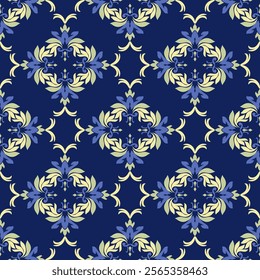 Blue and cream damask seamless vector background. baroque-style pattern. Graphic ornate pattern for wallpaper, fabric, packaging, and wrapping. Damask flower ornament. Vector Formats
