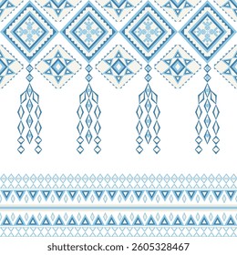 Blue and cream ethnic boho seamless pattern. Geometric Native American. Navajo Style. Aztec ornament. Tribal pattern. Folk motif. Ideas for wallpaper, rugs, tiles, pottery, fabric edges, and curtains.