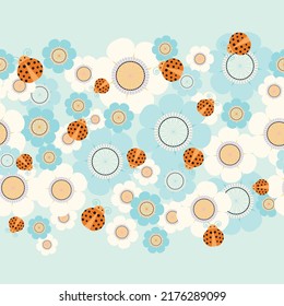 Blue and cream flowers with orange ladybugs