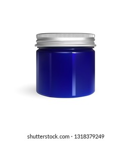 Blue cream jar isolated on white background. Skin care product package. Color glass jar