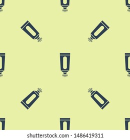 Blue Cream or lotion cosmetic tube icon isolated seamless pattern on yellow background. Body care products for men.  Vector Illustration