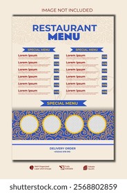 blue and cream modern food restaurant menu layout editable template with batik line background, Food menu social media promotion potrait banner post template, fast food sale layaout editable 