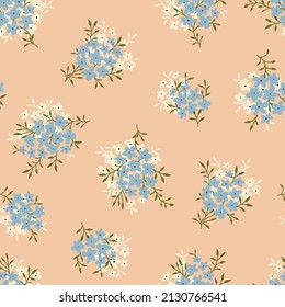 blue and cream seamless floral vector small flowers with leaves bunches pattern on background