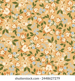 blue and cream seamless floral vector small flowers with green leaves pattern on mustered background