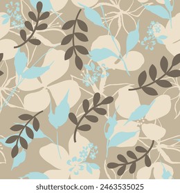 blue and cream seamless floral vector leaf pattern on cream background