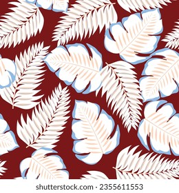 blue and cream seamless vector leaf pattern on red background