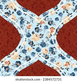 blue and cream seamless vector stock flowers leaves bandanna pattern on blue background