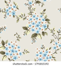 flores vectoriales azules y cremas pequeñas con patrón de hojas en fondo gris