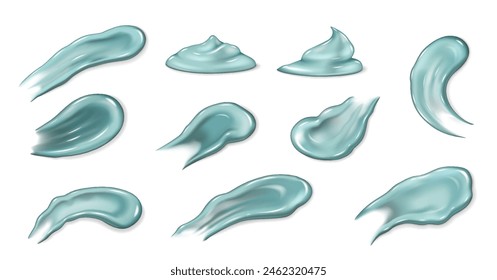 Juego de manchas de crema azul. Gel hidratante natural para el cuidado de la piel. Textura 3D realista cosmética spot de leche o textura de protector solar. Ilustración vectorial suave gota hidratante para el cuerpo, hidratación facial