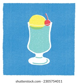 Bebida de refresco de crema azul con helado e ilustración vectorial de cerezo. Risografía de refresco frío en textura de fondo azul.