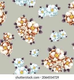 blue and cream vector flowers with grey leaves bunches pattern on background