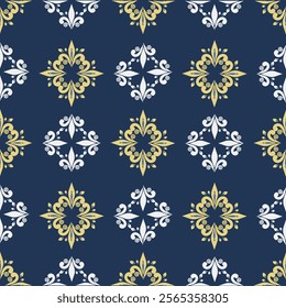 Blue, cream, and white damask seamless vector background. baroque-style pattern. Graphic ornate pattern for wallpaper, fabric, packaging, and wrapping. Damask flower ornament. Vector Formats
