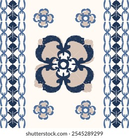Blue, cream, and white embroidery, motif ethnic ikat seamless textile illustration, print striped ornament, pattern, design for wrapping, silk, scarf, clothing, background, textile, carpets, curtains.