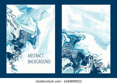 Blue creative abstract hand painted background,liquid marble texture, set of cover for flyer, business card, brochure, poster, printing. Vector illustration.