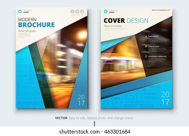 Blue Creative Brochure layout design. Corporate business template for annual report, catalog, magazine. Layout with color ribbon and abstract city background. Leaflet, poster, flyer or banner concept