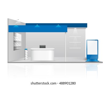 Blue creative exhibition stand design. Booth template. Corporate identity vector.