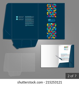 Blue creative folder template design for company with color triangles similar to stained glass. Element of stationery.