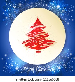 Blue Creative Merry Christmas card with red tree and white snowflakes