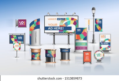 Blue creative outdoor advertising design for corporate identity with art color round stripes. Stationery set