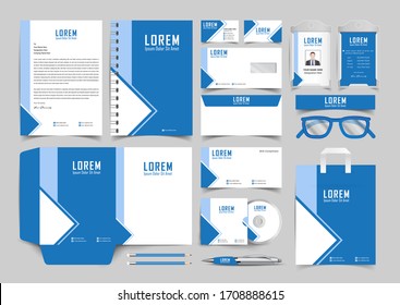 Blue creative stationery template design with color triangles similar to stained glass. Documentation for business.