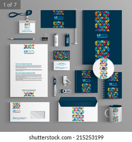 Blue creative stationery template design with color triangles similar to stained glass. Documentation for business.