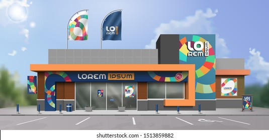 Blue creative store design with art color round stripes. Elements of outdoor advertising. Corporate identity