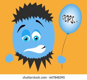 A blue creature with a balloon in his hand and an inscription "Oops". Emotions of shame. On an orange isolated background. Vector.